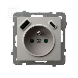 Gniazdo pojedyncze z uziemieniem z przesłonami torów prądowych, z ładowarką USB A+C - KASZMIR, AS
