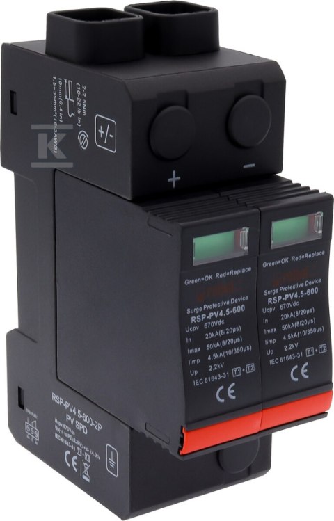 Ogranicznik przepięć typ T1+T2, 2 bieguny, 600 V DC, Imax: 50kA, In: 20kA (8/20), Iimp: 4.5 kA (10/350) RSP-PV4.5-600-2P
