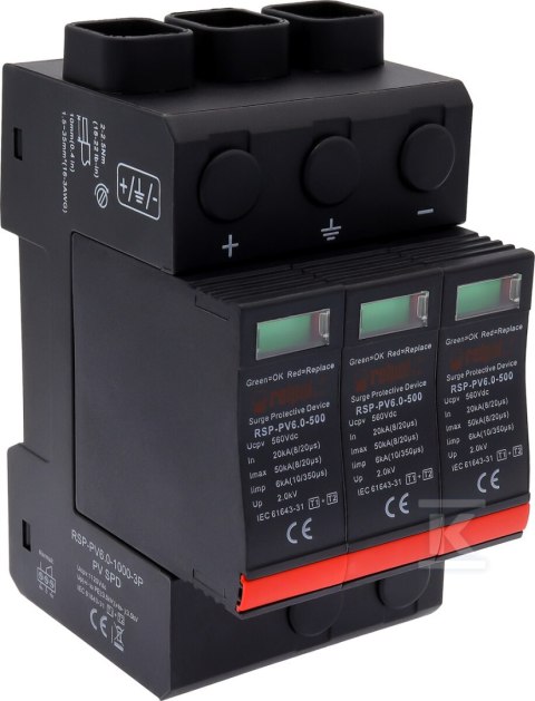 Ogranicznik przepięć typ T1+T2, 3 bieguny, 1000 V DC, Imax: 50kA, In: 20kA, Iimp: 6 kA (10/350) RSP-PV6.0-1000-3P