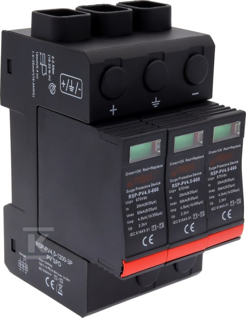 Ogranicznik przepięć typ T1+T2, 3 bieguny, 1200 V DC, Imax: 50kA, In: 20kA, Iimp: 4.5 kA (10/350) RSP-PV4.5-1200-3P