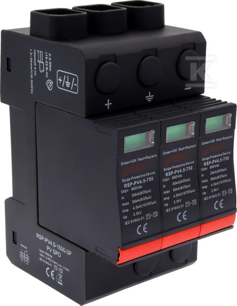 Ogranicznik przepięć typ T1+T2, 3 bieguny, 1500 V DC, Imax: 50kA, In: 20kA, Iimp: 4.5 kA (10/350) RSP-PV4.5-1500-3P